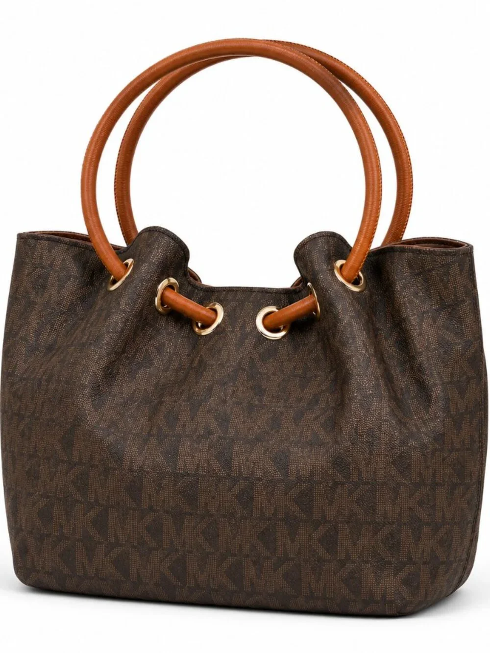 Michael Kors Brown MK Signature Monogram Ring Handle Tassel Tote Bag